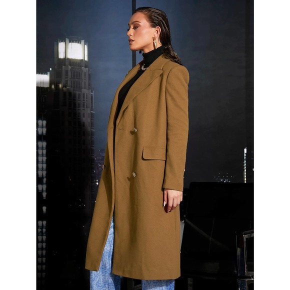 Double Breasted Belted Overcoat long pea coat brown long line - Picture 6 of 6